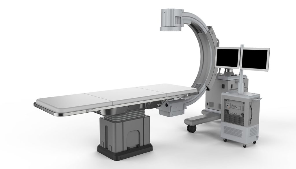 CT tube lifespan is crucial for the equipment. The image shows white C-arm equipment attached to two monitors.