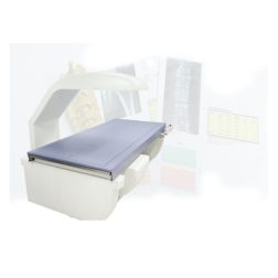 A bone densitometer machine image with a faded white background.